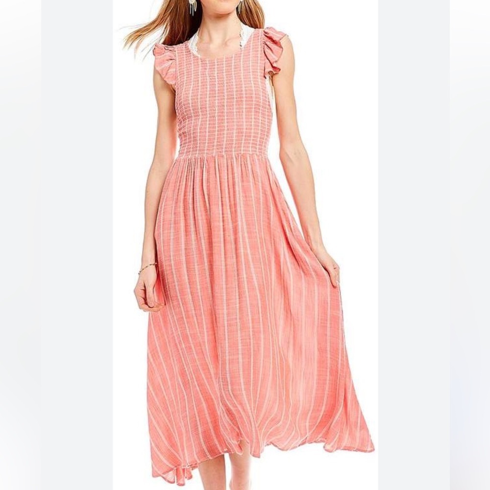 Free People Coral Chambray Butterflies Midi Dress